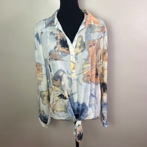 Chicos Floral Print V Neck Long Sleeve Tie Front Shirt Size 3 (XL/16)